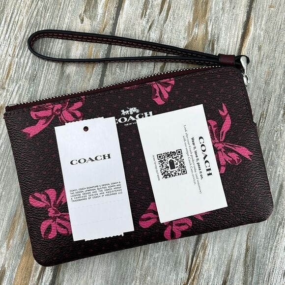 Coach Corner Zip Wristlet In Signature Canvas With Bow Print Bag Wallet Purse - Picture 7 of 7